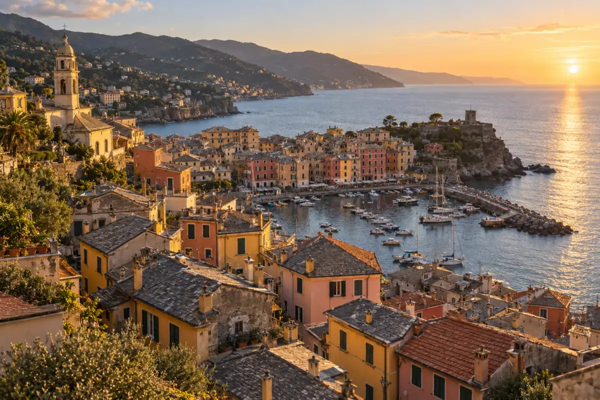 Tetti in ardesia e coppi di un borgo ligure affacciato sul mare al tramonto