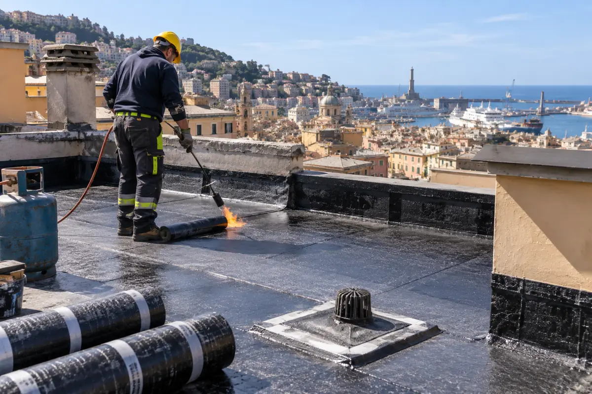 Posa della guaina impermeabilizzante su un terrazzo di Genova affacciato sul porto